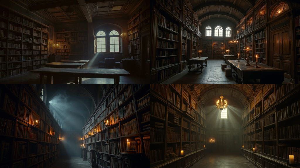 Candlelit Ancient Library with Dust Motes