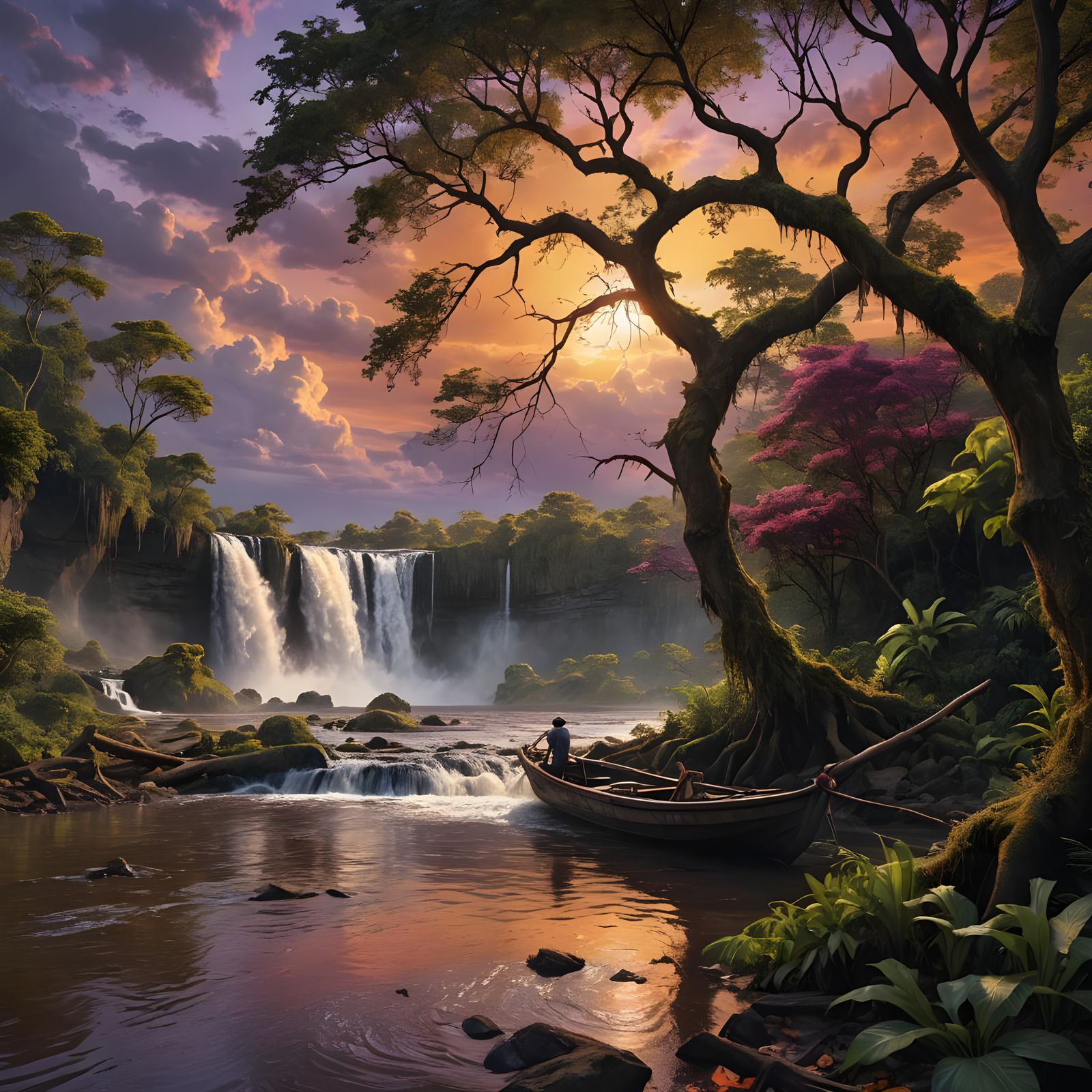 Orinoco River Waterfall at Sunset: Hyperrealistic Landscape
