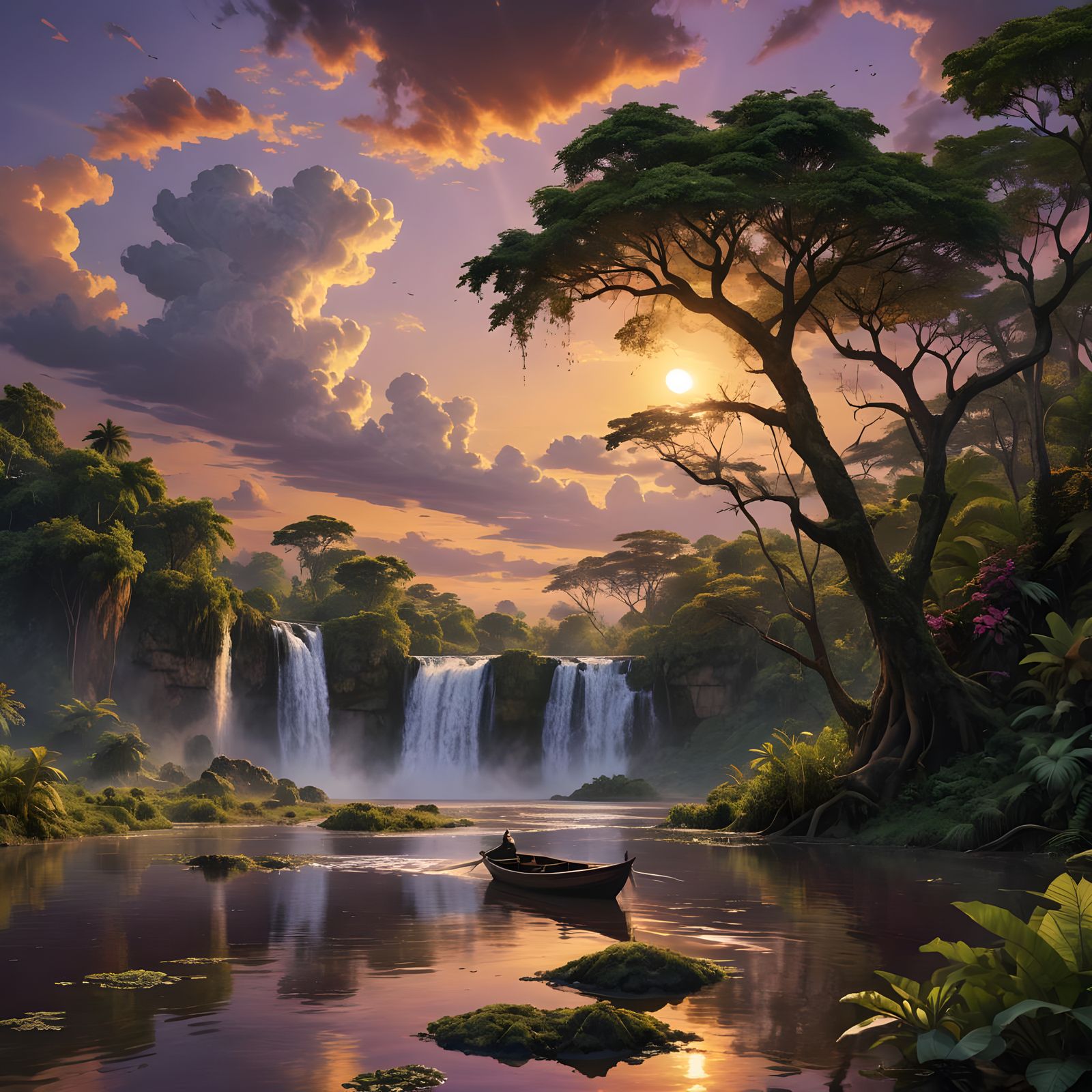 Sunset Waterfall with Long Exposure Effect