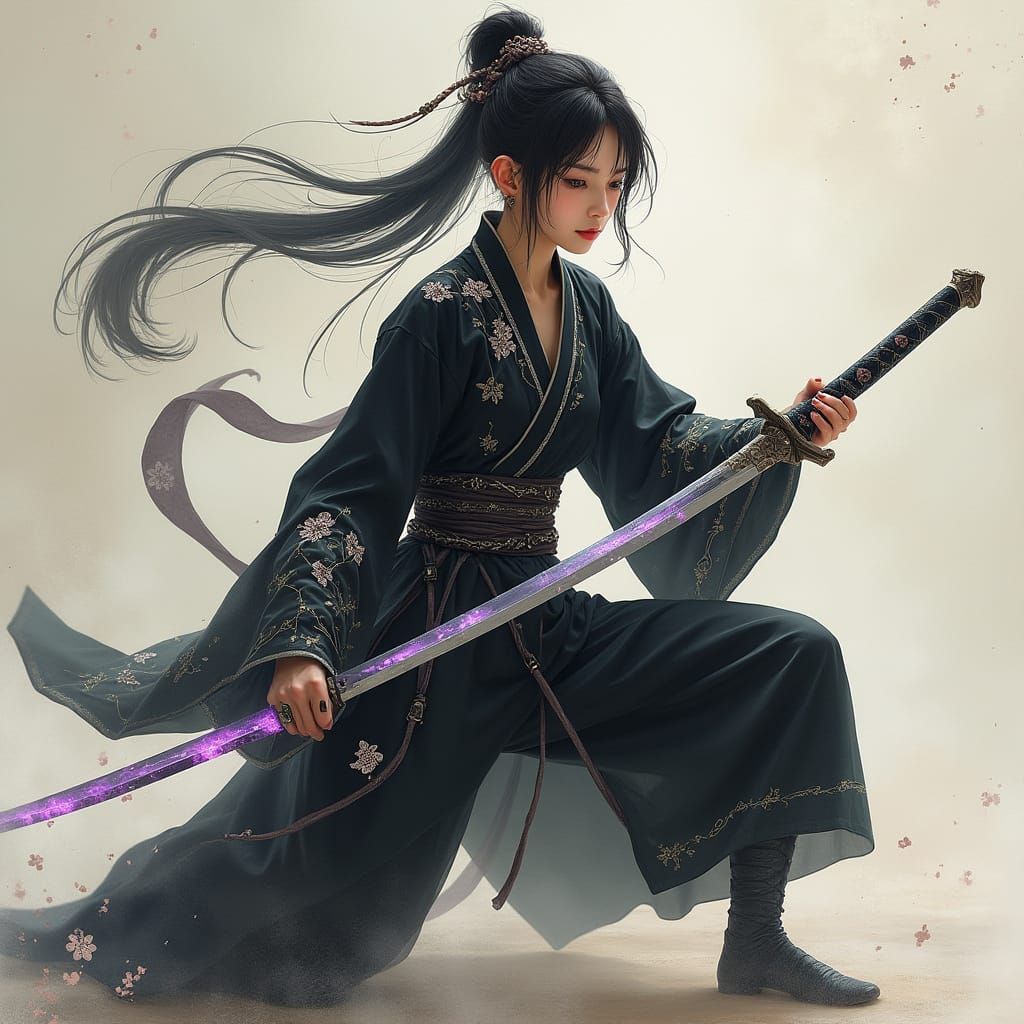 Asian Elven Ninja Warrior in Elegant Black Robes with Silver...