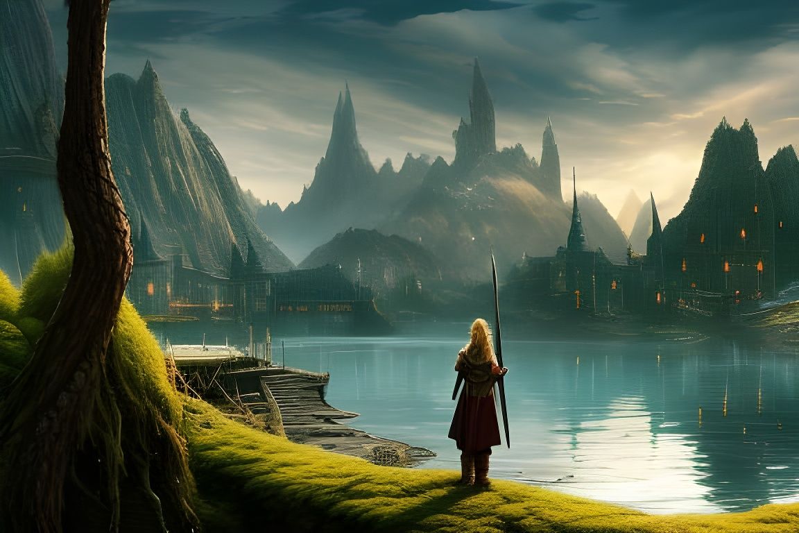 Serene Fantasy City on Lake in Digital Landscape Art