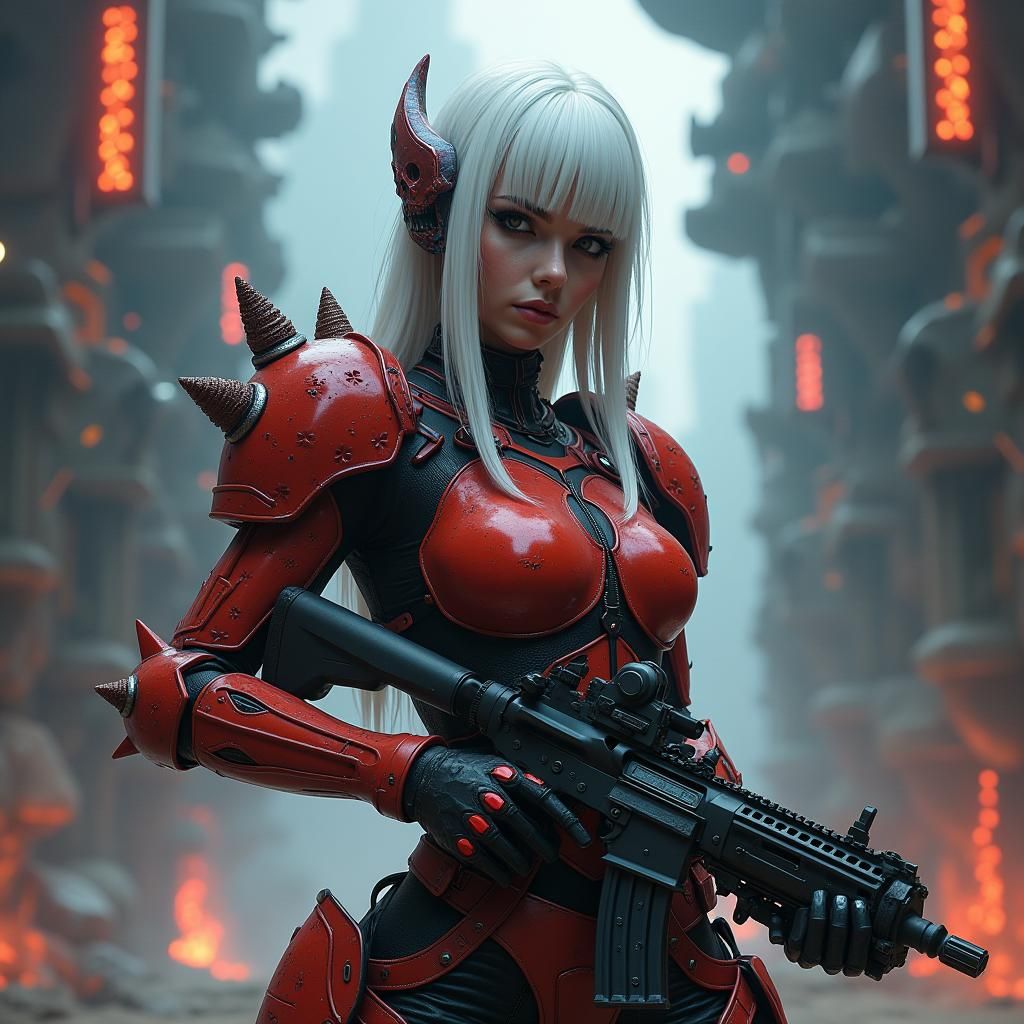 Female Space Pirate in Crimson Armor, Fantasy Concept Art