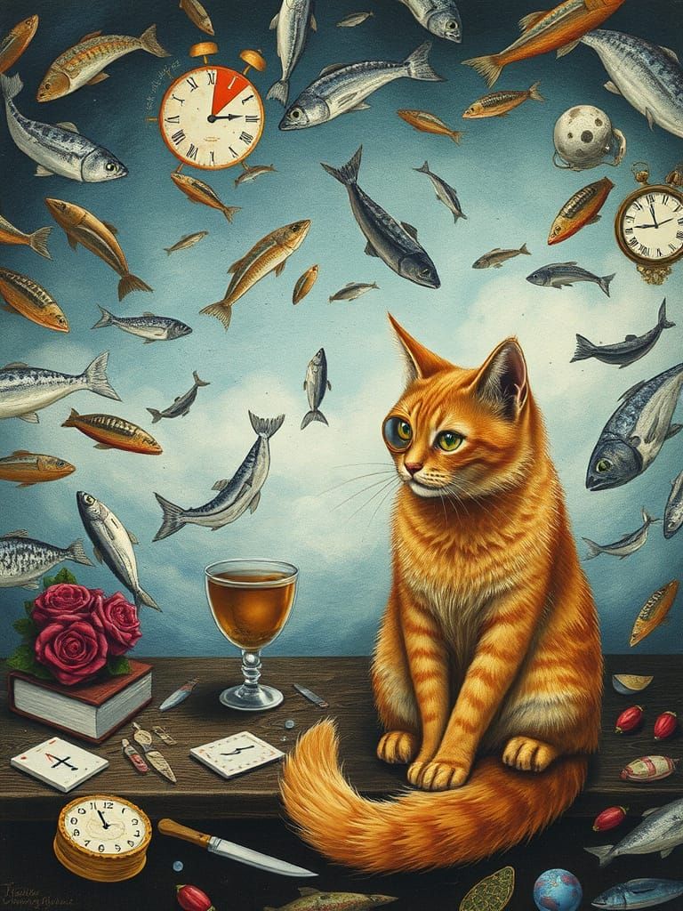 Surreal Scene: Spinning Figure in Fish Cathedral