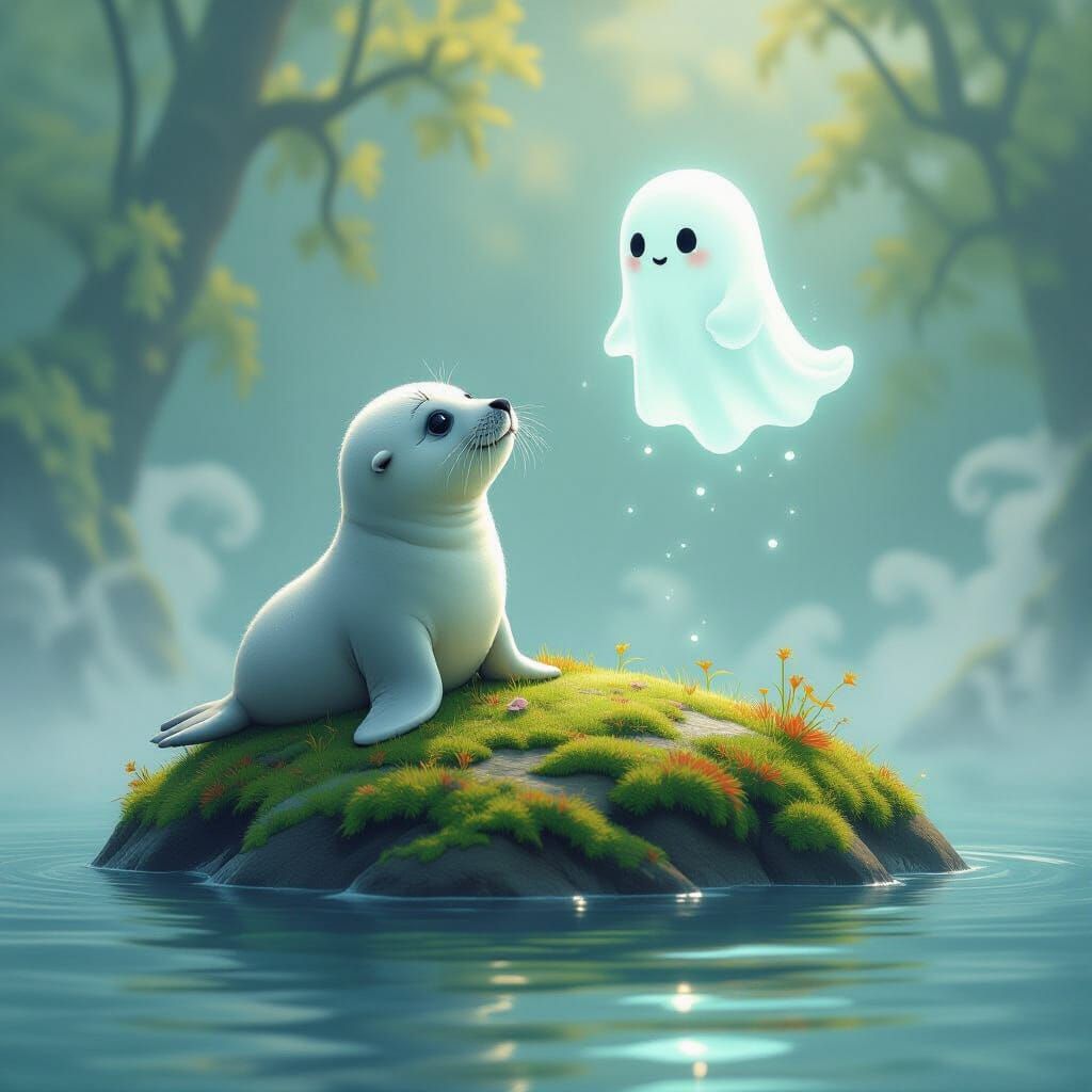 Adorable Seal Pup with Ghost Friend on Floating Island