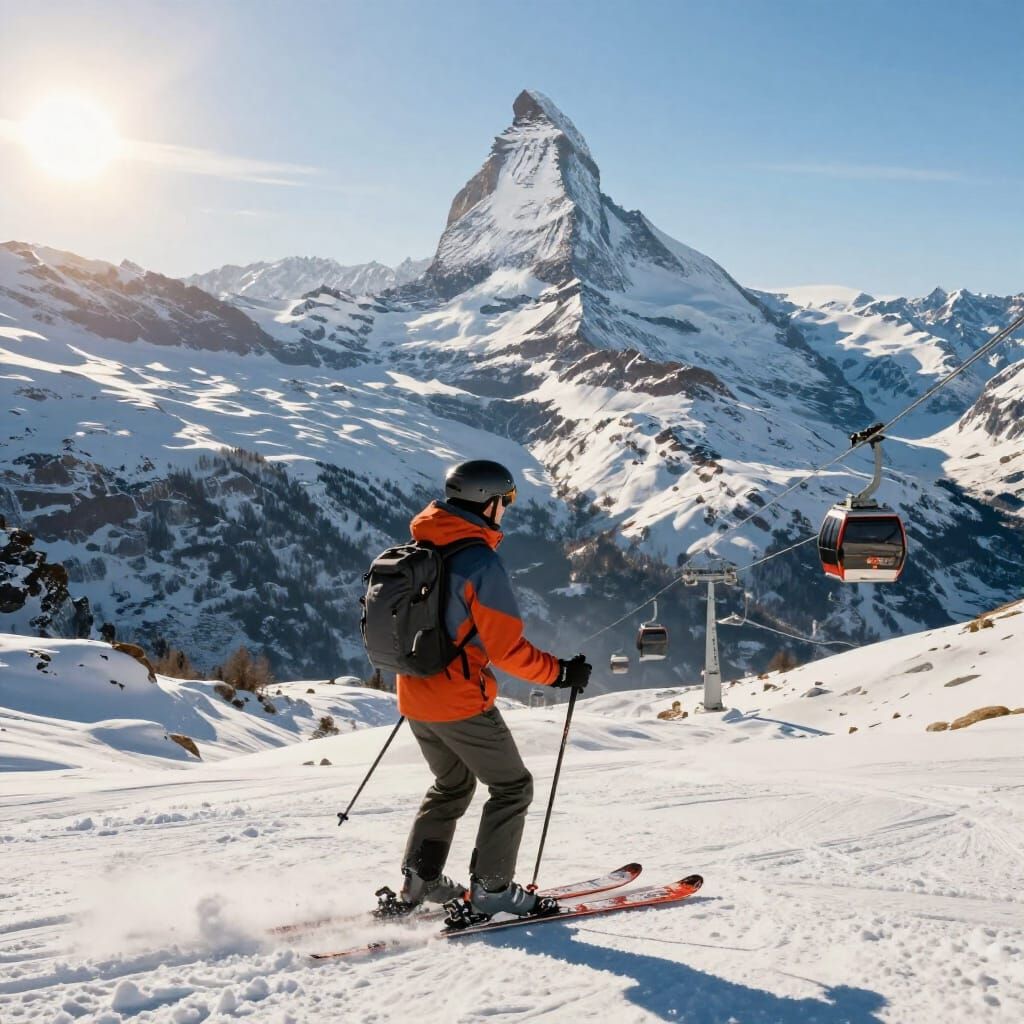 Skiing in Swiss Alps with Matterhorn and Cable Car