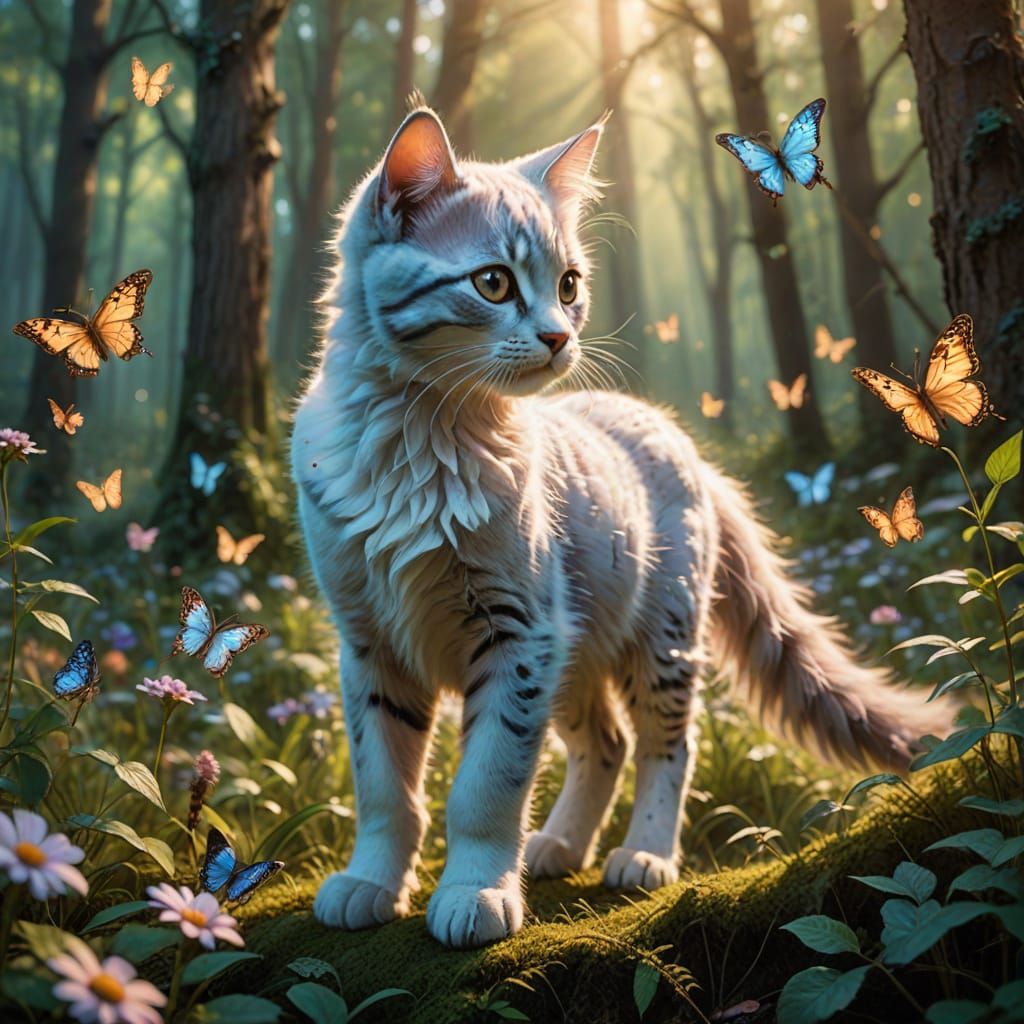 Ethereal Kitten Rides Horse Through Butterfly Forest
