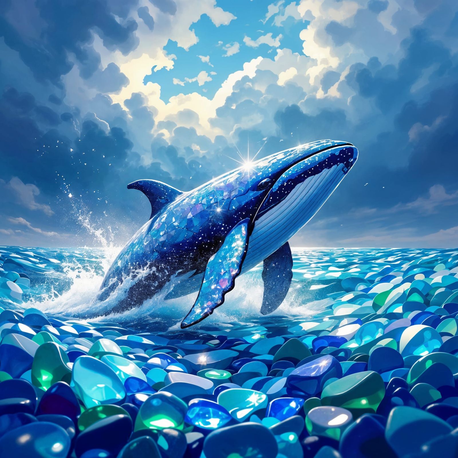 Majestic Sea Glass Whale Breaching in Stormy Sky