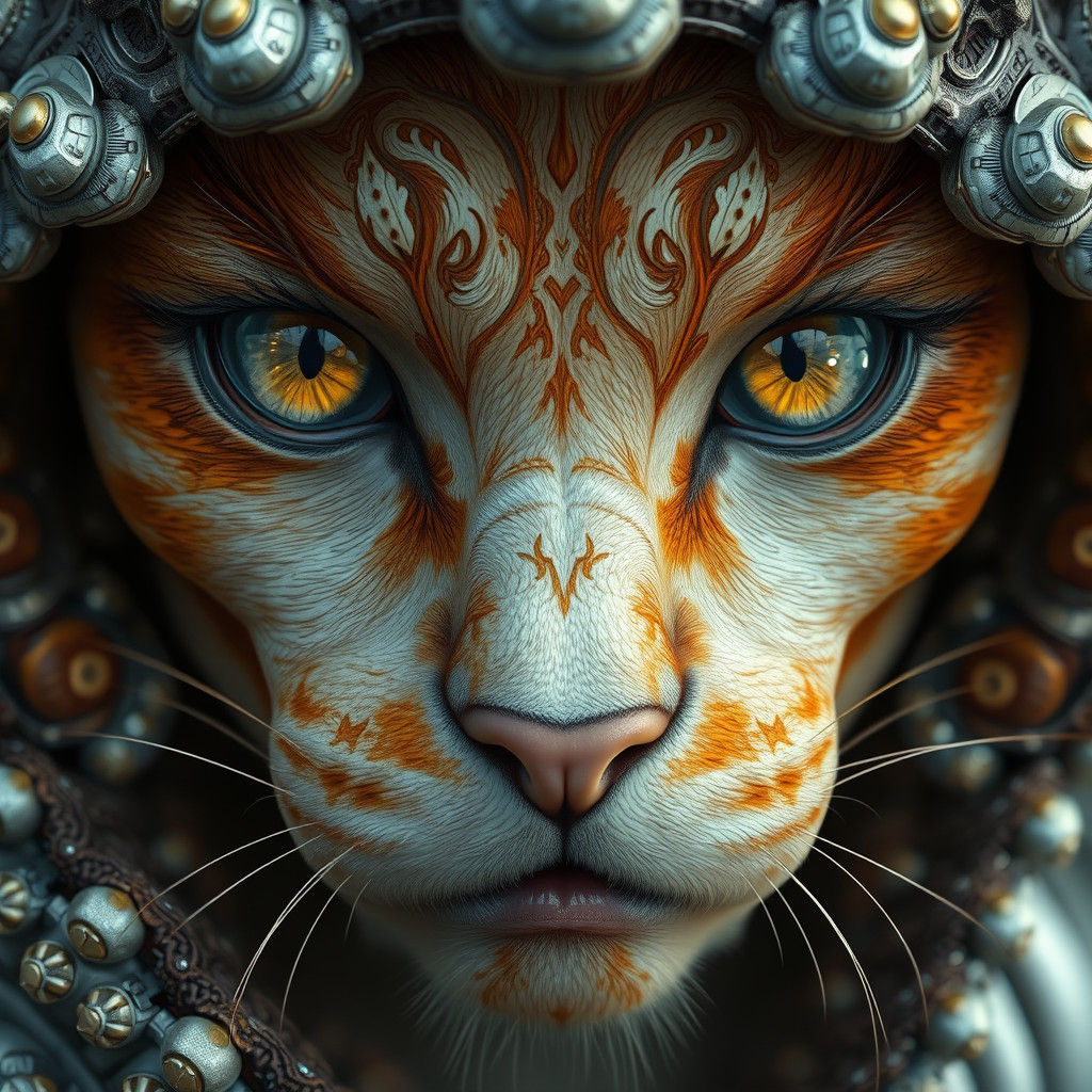 Armored Borg Cat Portrait in Shroompunk Style