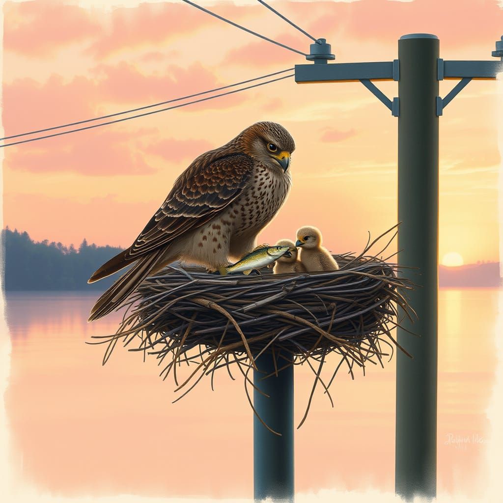 Falcon Feeding Young at Sunset, Audubon-Style Illustration