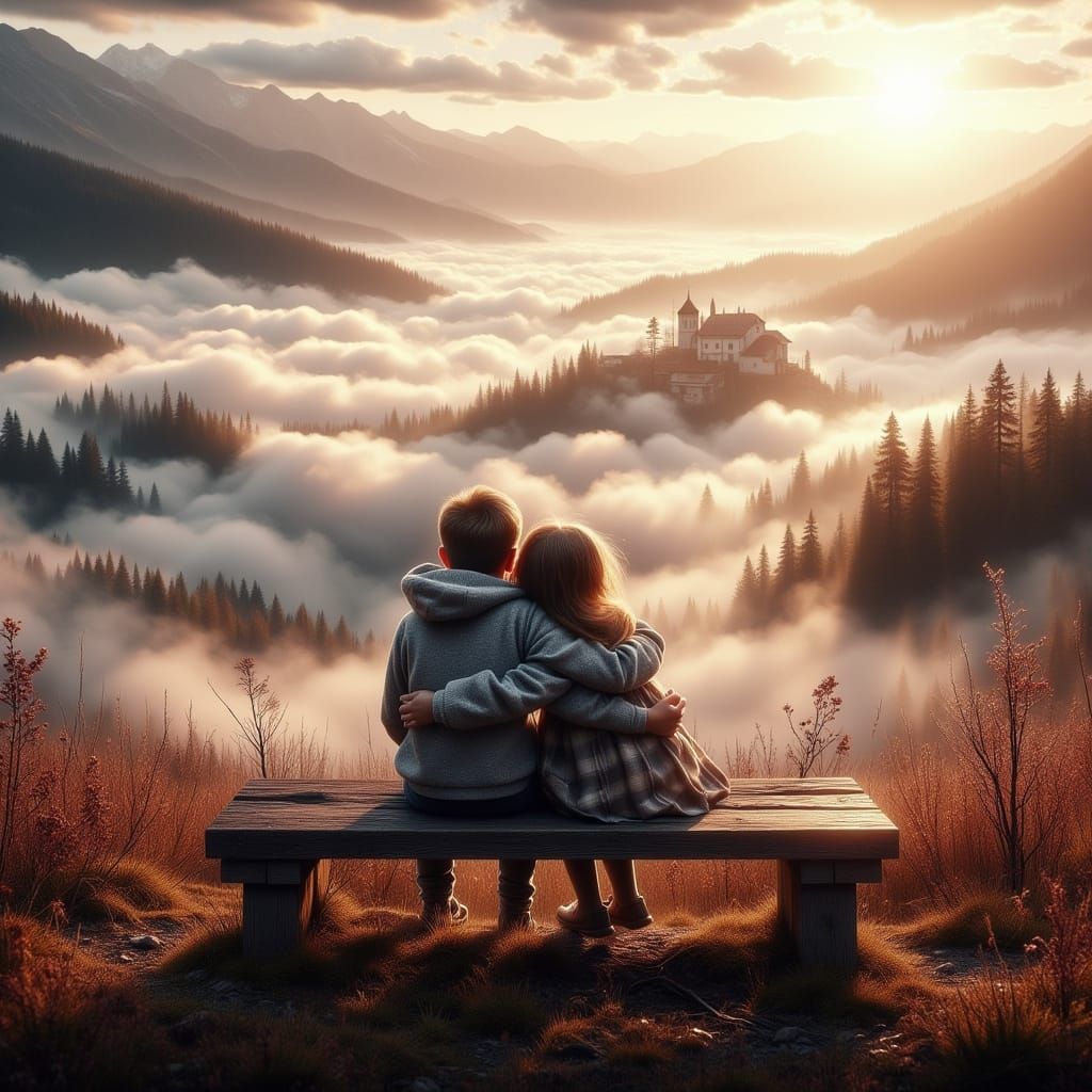 Young Couple Embraces on Cloud-Veiled Hilltop at Sunset