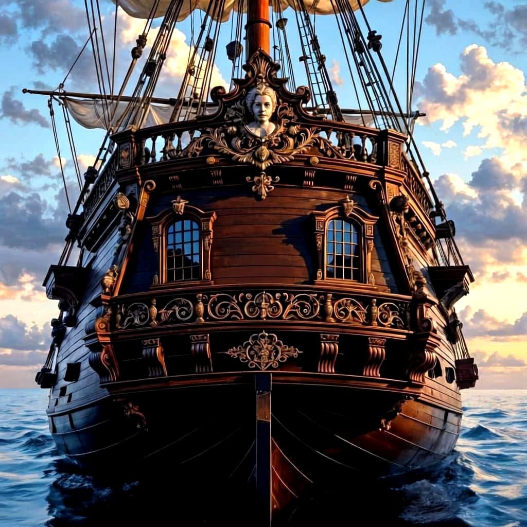 Realistic Ship Transom with Carved Wood Decorations