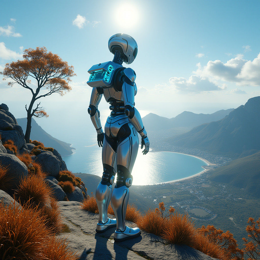 Cyborg Overlooking Hout Bay in Simon Stalenhag Style