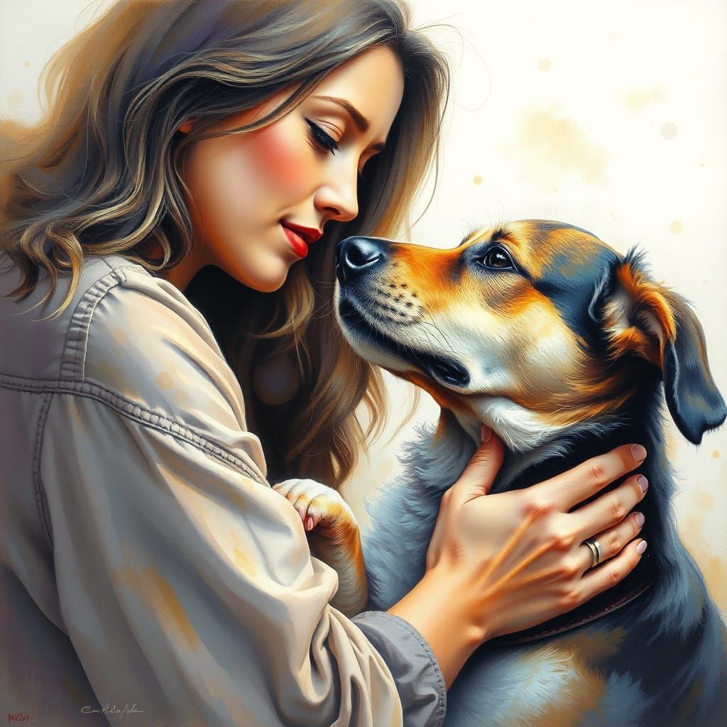 Woman Petting Dog: Ethereal Gouache Charcoal Drawing