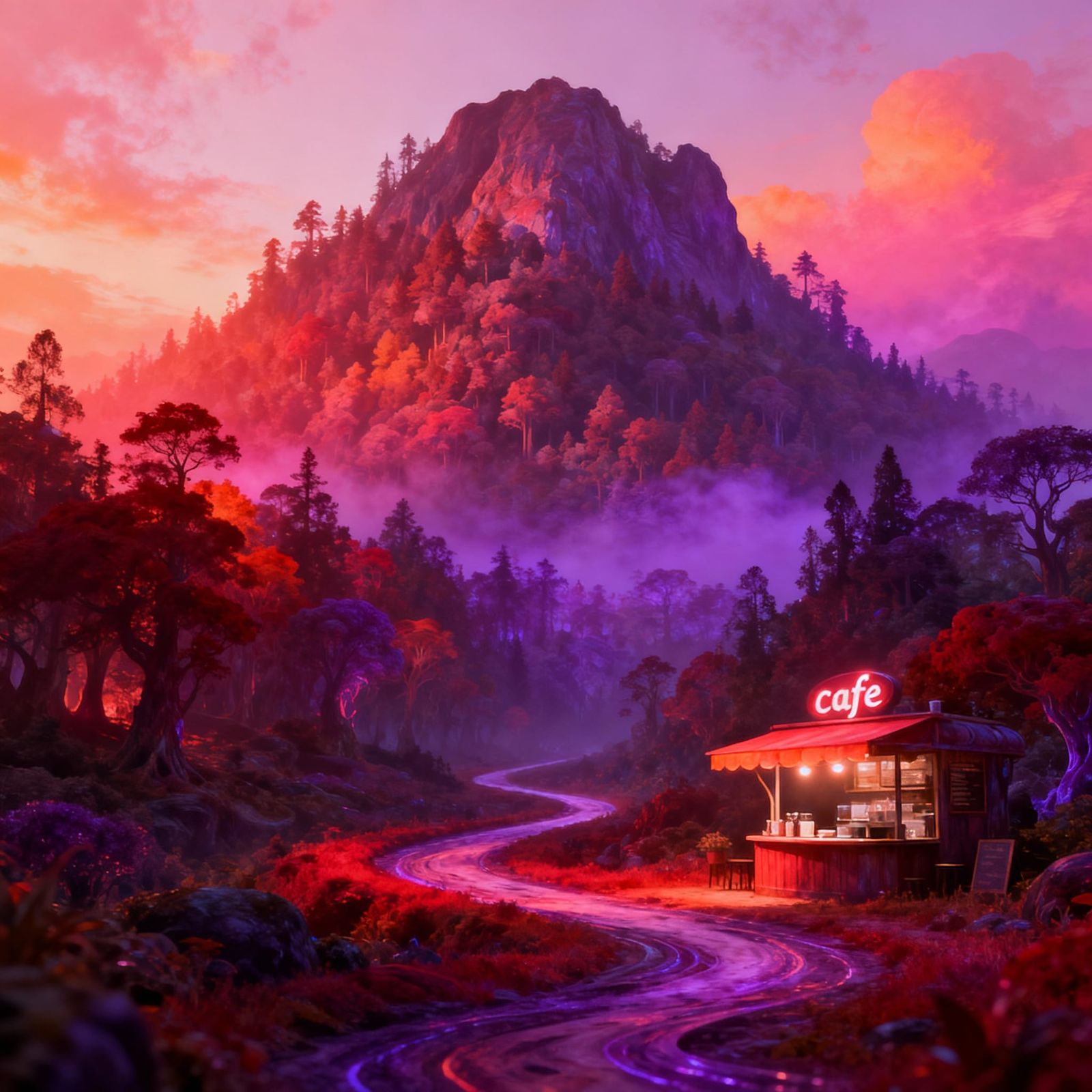 Surreal Fantasy Landscape with Mountain Cafe