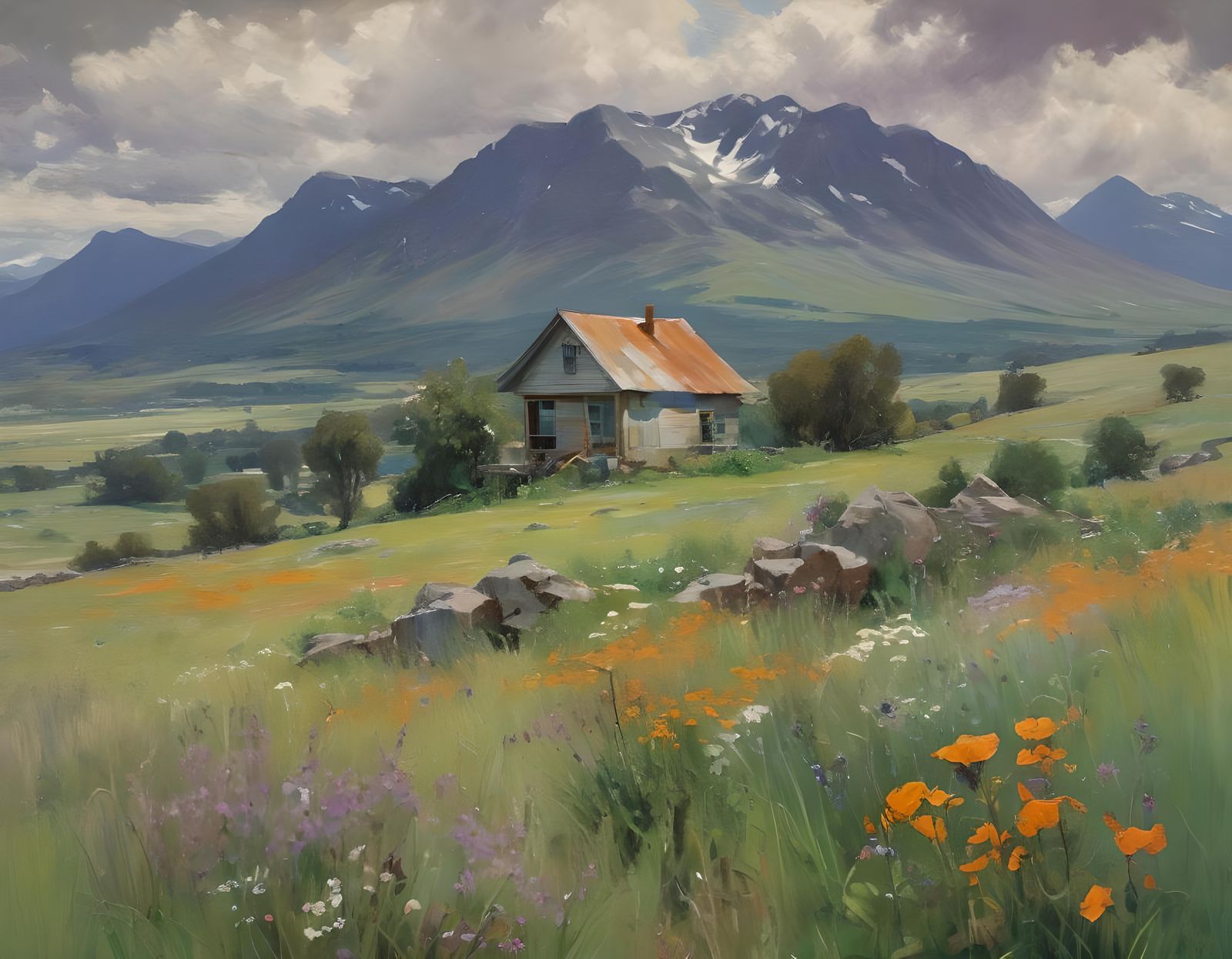 Meadow House in Impressionist Style with Mountains