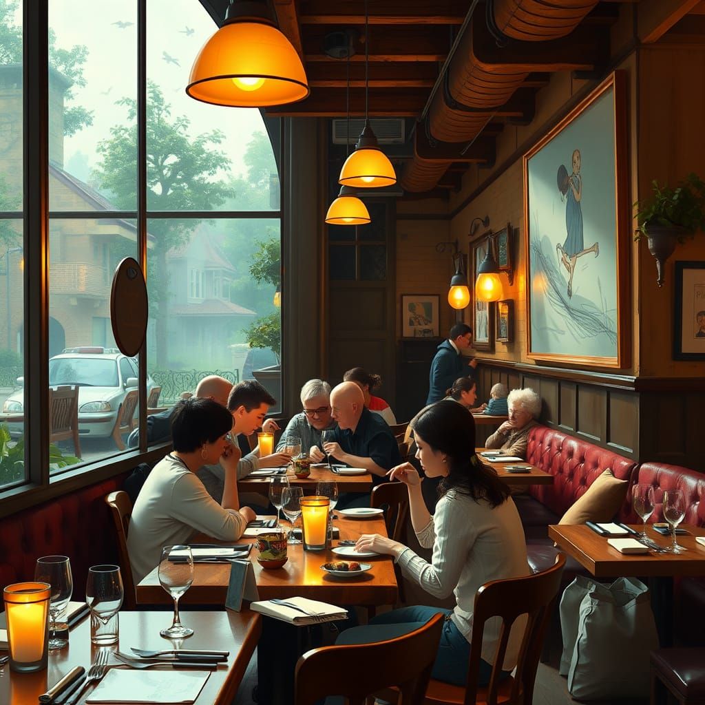 Cozy Restaurant Scene in Whimsical Animated Style