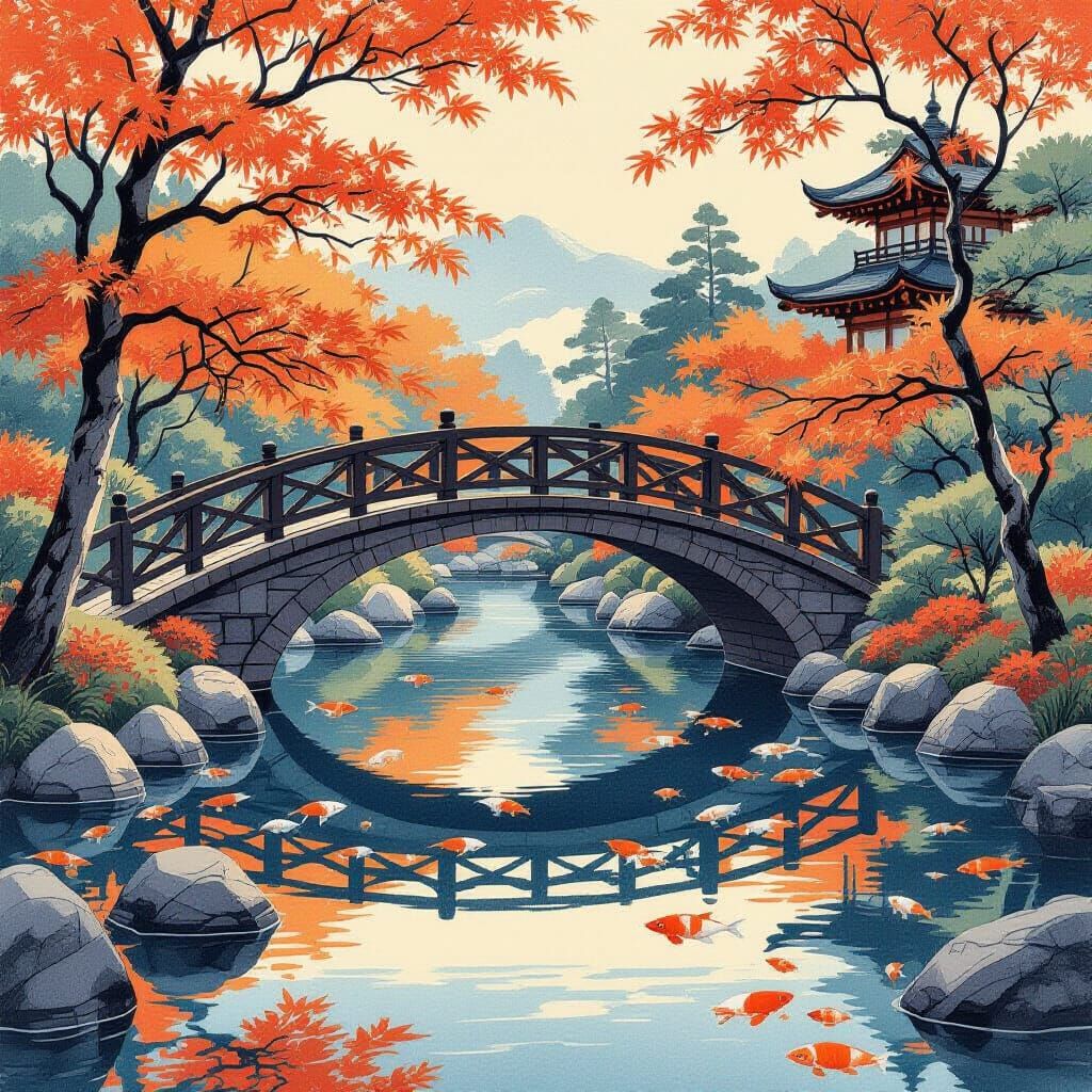 Japanese Garden Bridge in Woodblock Print Style