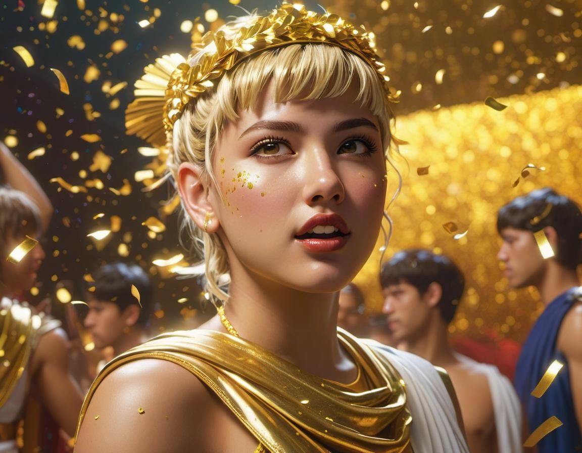 Hyperrealistic Toga Party with Golden Confetti