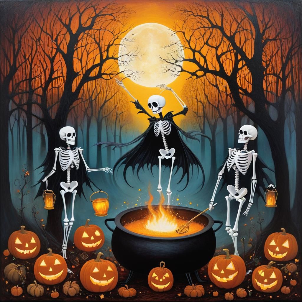 Skeleton Dance with Bubbling Cauldron, Surreal Art