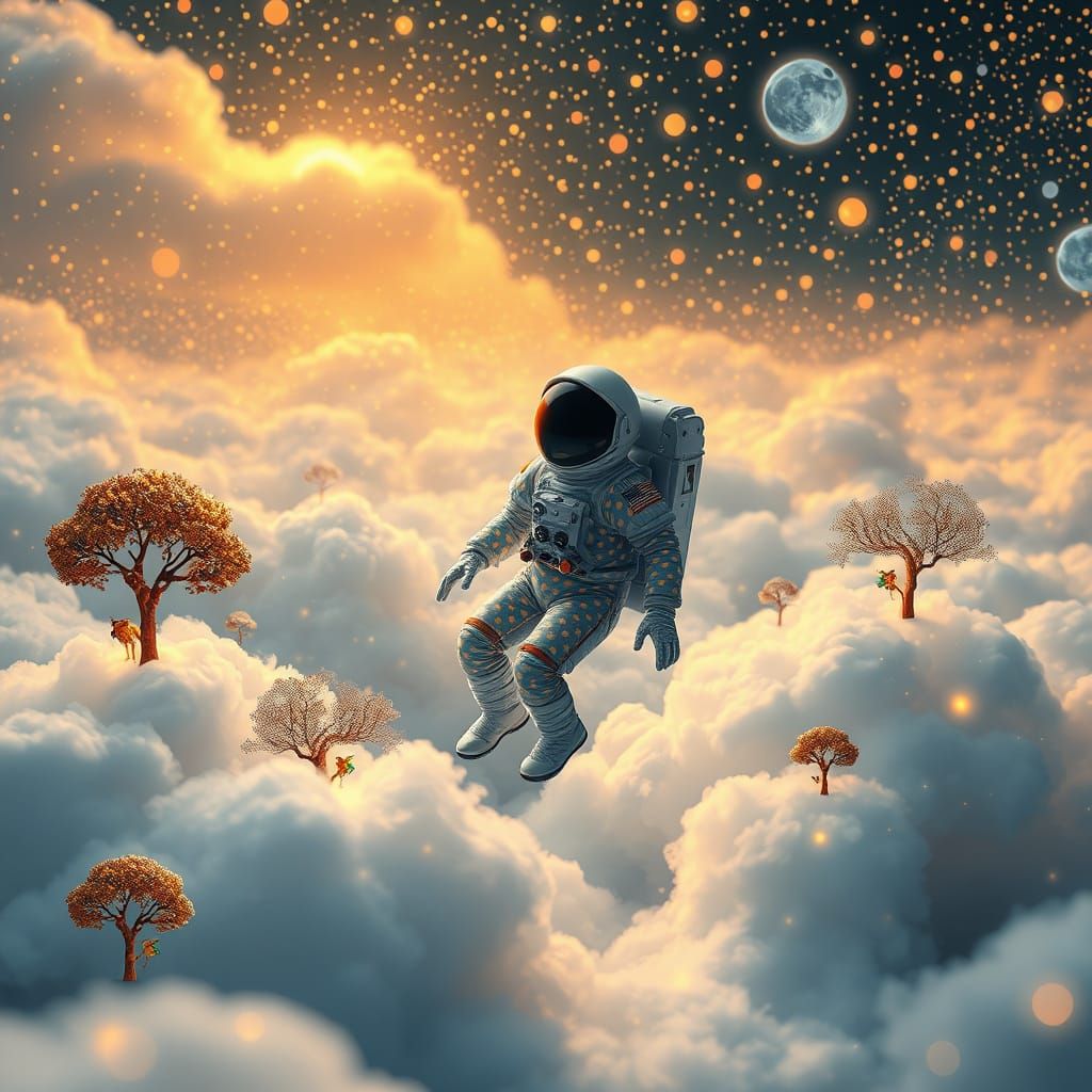 Astronaut in Polka Dot Clouds: A Surreal Dreamscape