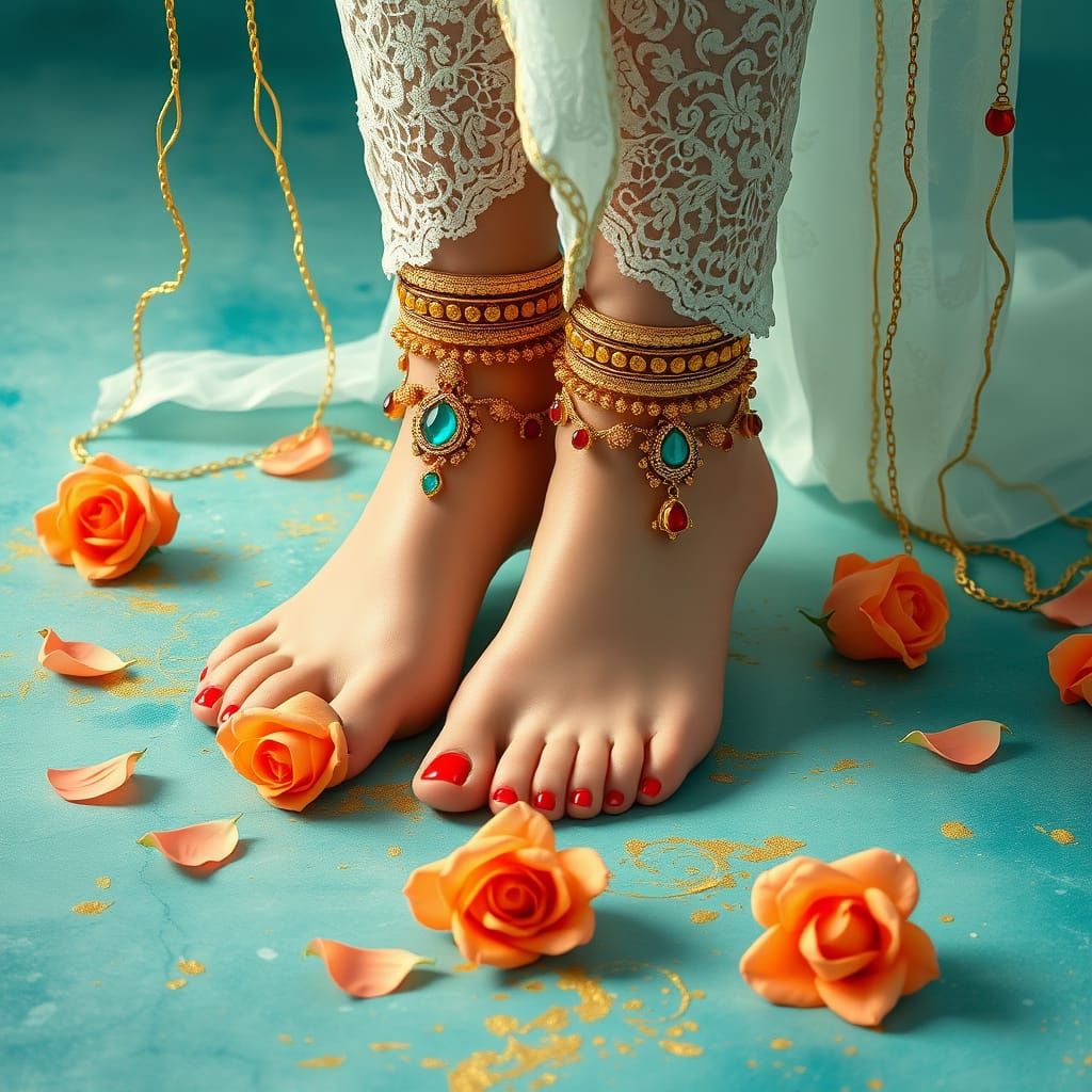 Ethereal Woman in Golden Anklets and Jewel-Toned Gemstones
