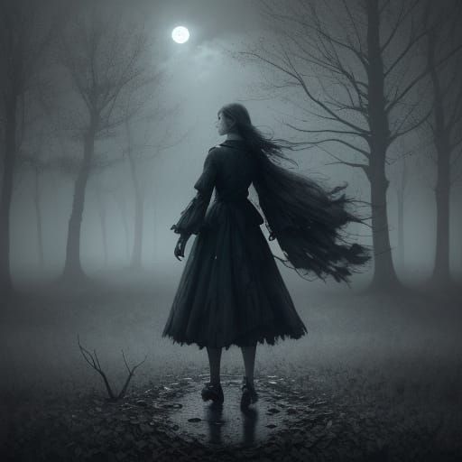 Ethereal Woman Bids Farewell Under Moonlit Skies