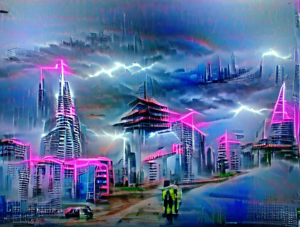 Cyberpunk Cityscape with Lightning and Neon Lights
