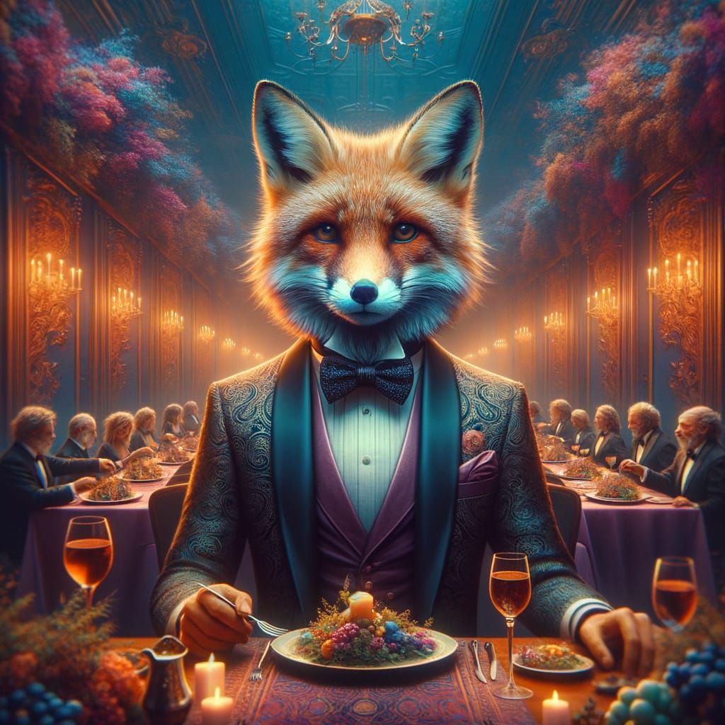 Elegant Fox in Tuxedo at Dinner Party