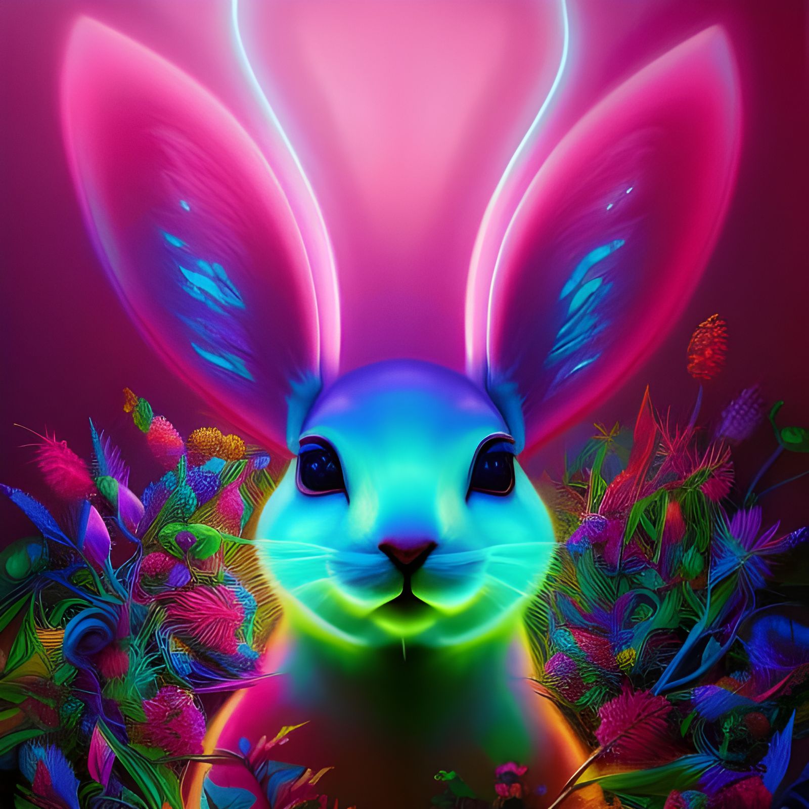 Neon Rabbit and Snakes Ink Drawing in Pastel