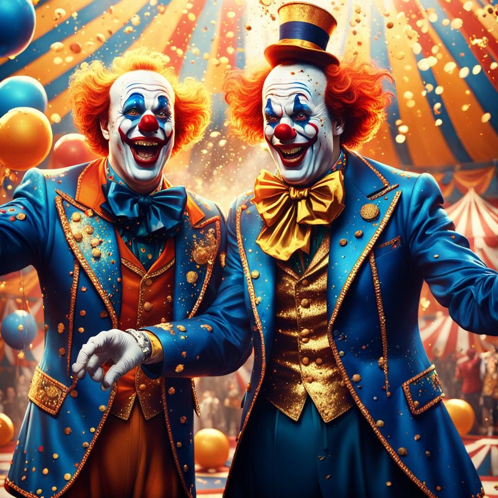 Two Clowns Teasing in a Vibrant Circus