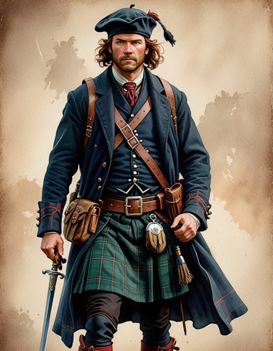 Highland Scotsman in Traditional Dress, Watercolor Style