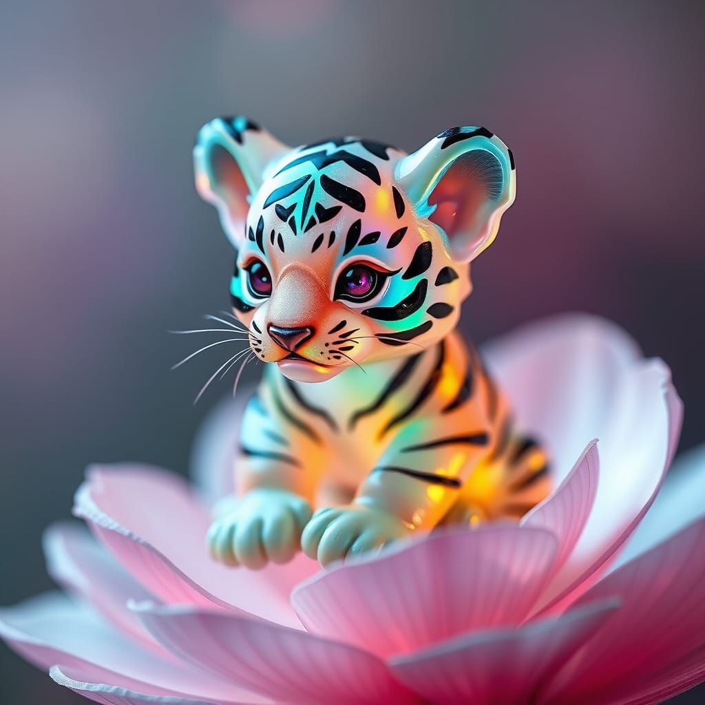 Glass Tiger Cub with Rainbow Swirls on Flower Petal