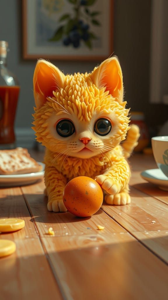 Whimsical British Shorthair Kitten in Breakfast Scene
