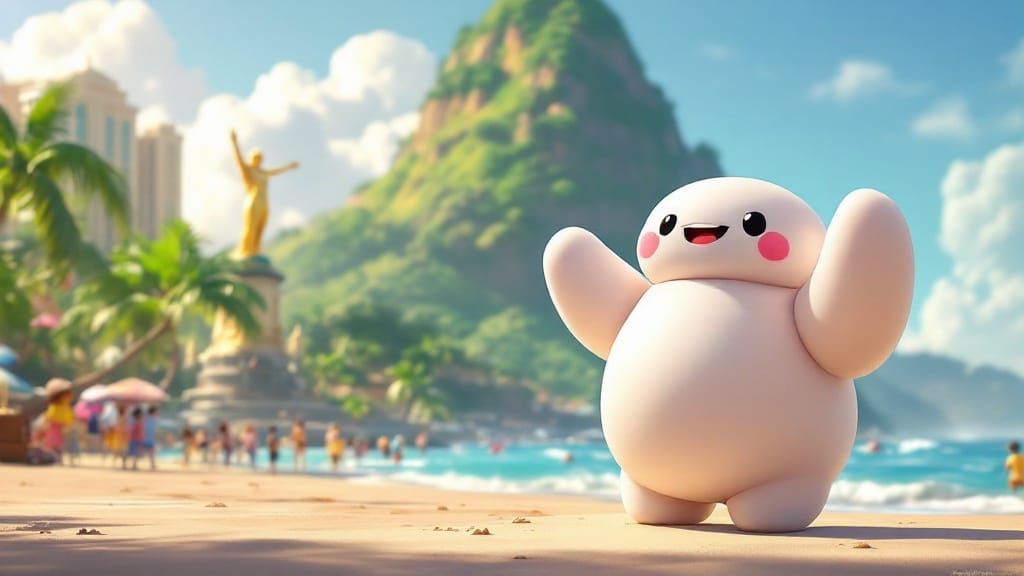 Whimsical Pixar Creature Waves at Rio Beach Statue