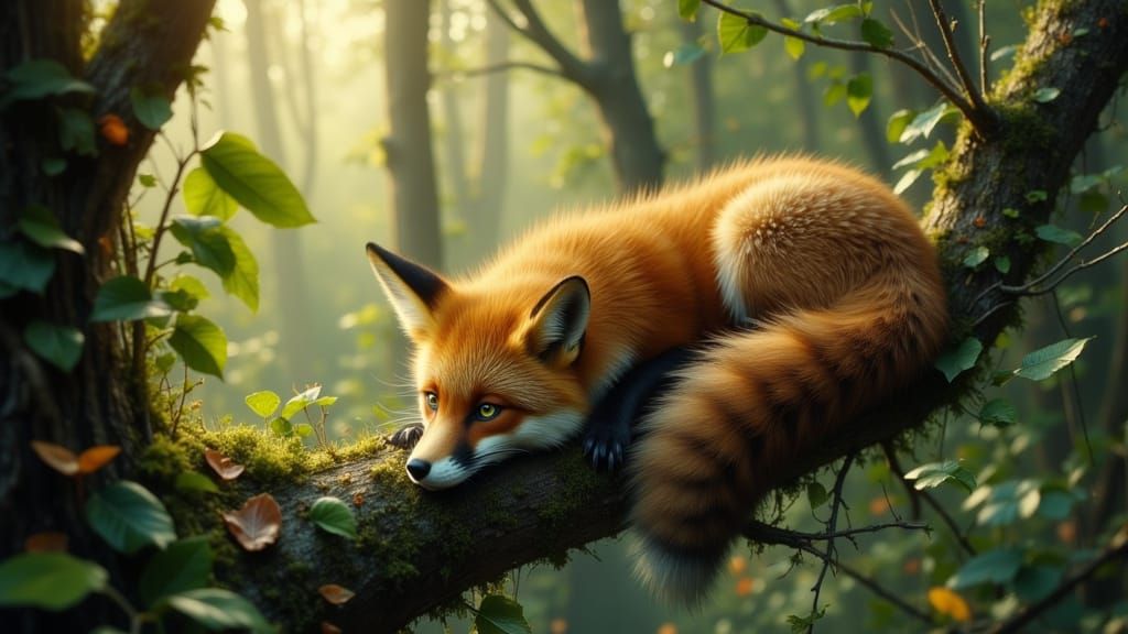 Relaxed Fox on Tree Branch: Bird's Eye View