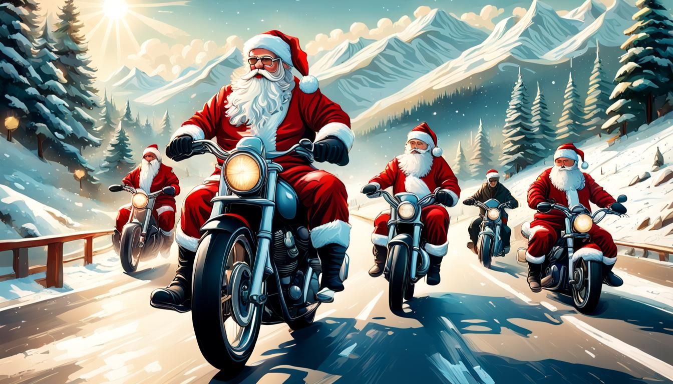 Santa Bikers Ride Through Snowy Mountain Highway