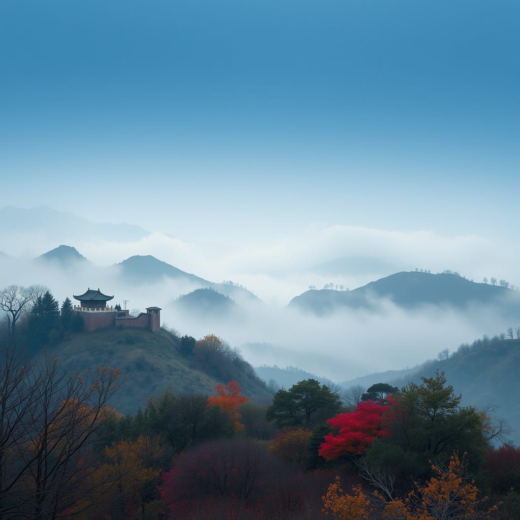 Misty Korean Mountains in Whimsical Style