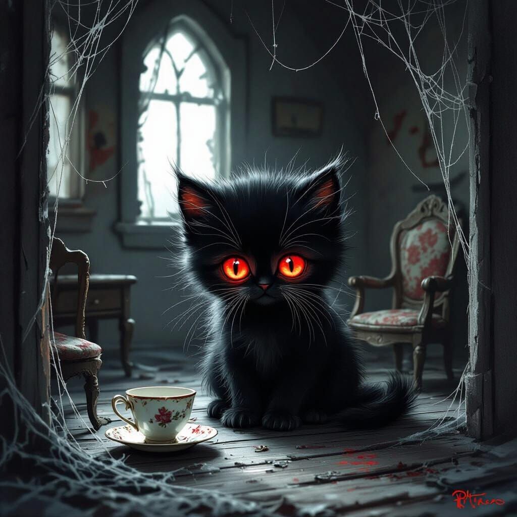 Sad Cute Kitten in Dark Dollhouse Gothic Art