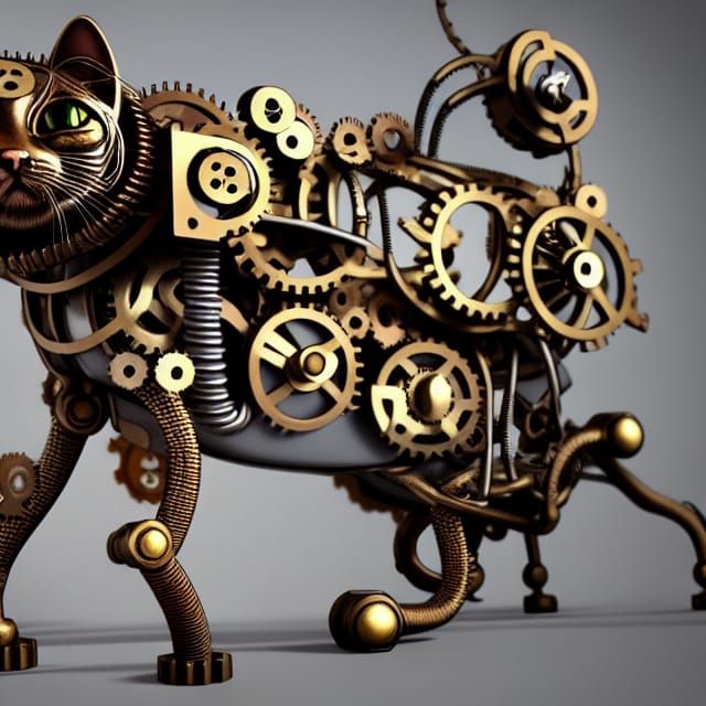 Steampunk Mechanical Cat with Bronze Gears