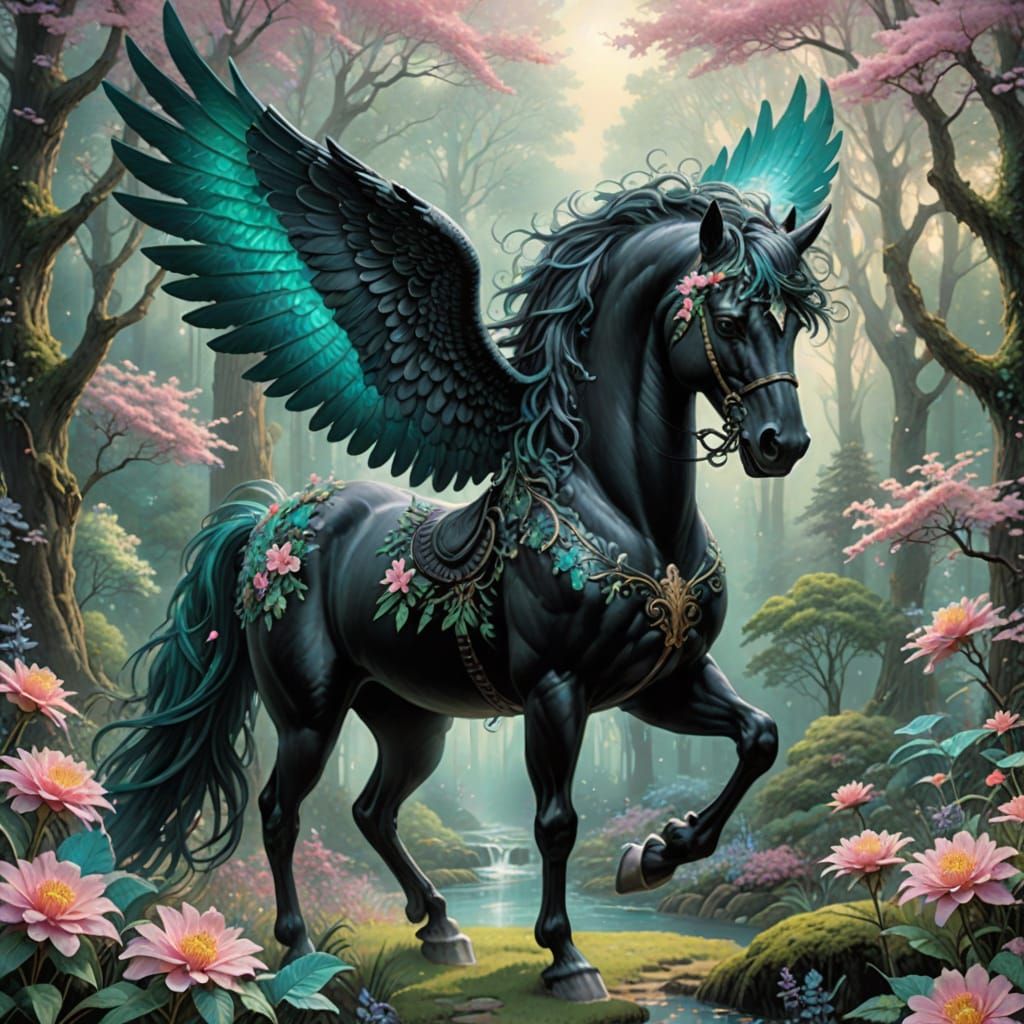 Black Pegasus With Floral Body in Ethereal Forest