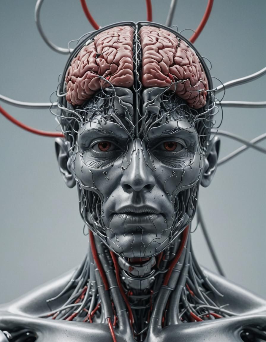 Hyperrealist Cyborg Head with Visible Brain