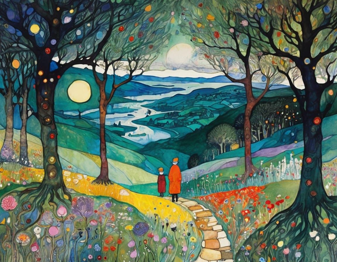 Whimsical Folk Art Landscape with Blooming Flowers