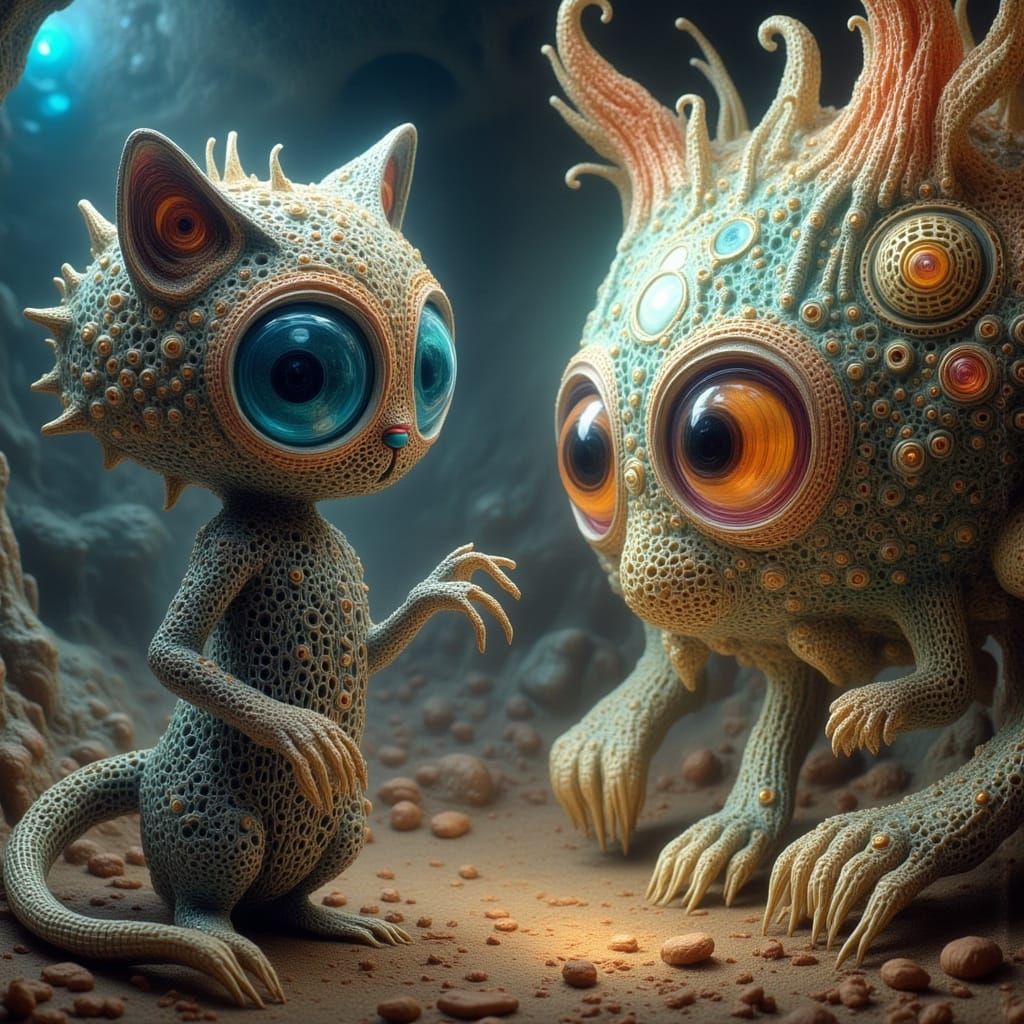 Cat and Alien Encounter in Surreal Sci-Fi Dreamscape