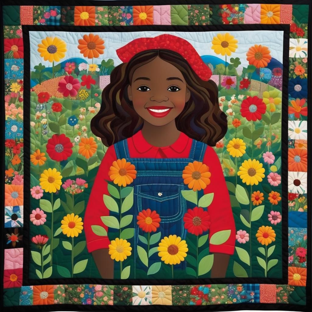 Girl on Flower Meadow in Patchwork Quilt Style