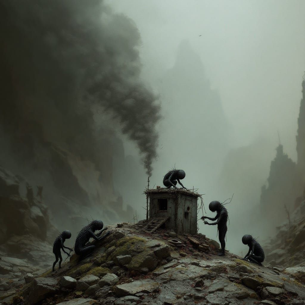 Ethereal Beings Construct a Mysterious Monument in Dark Surr...