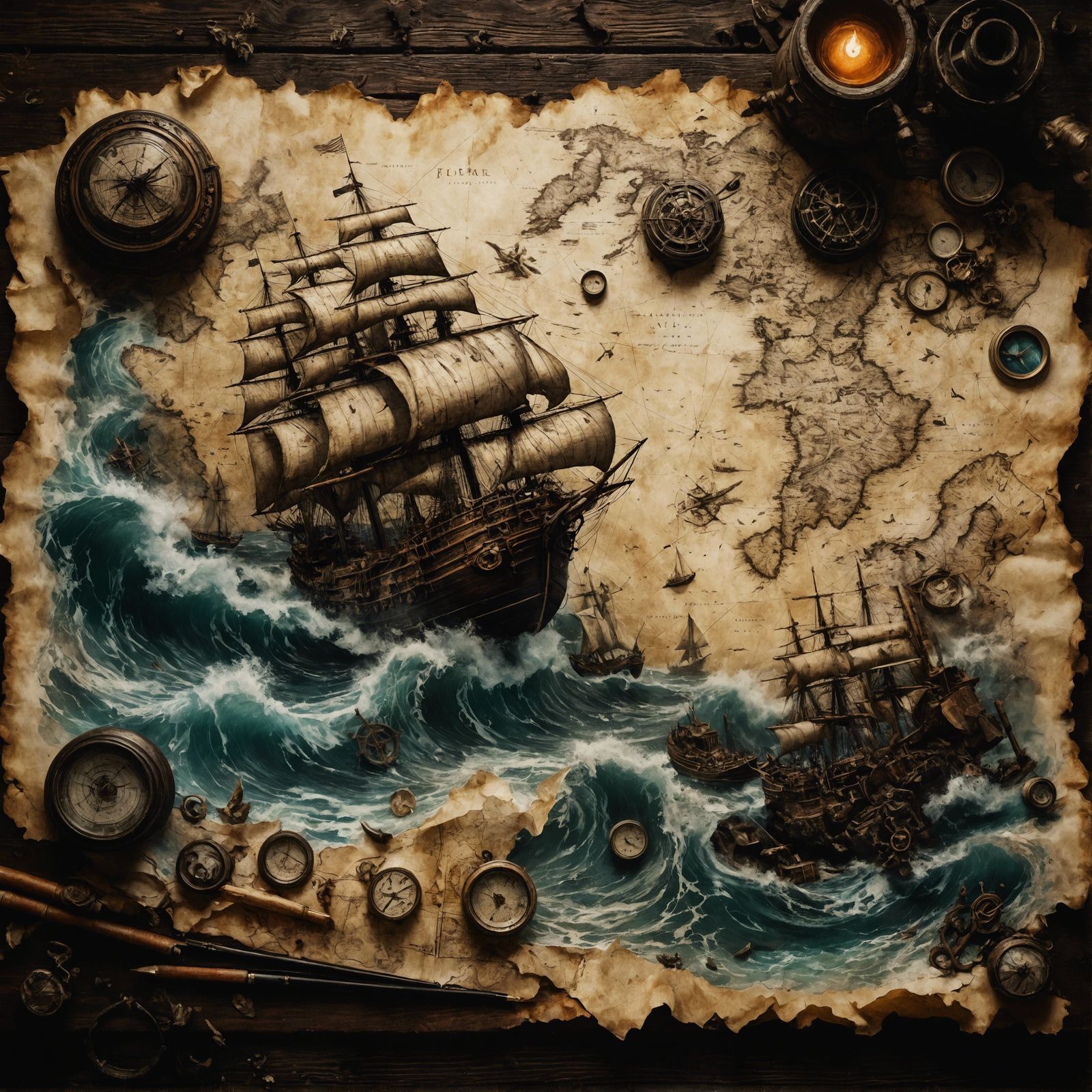 Ancient Map with Erupting Ocean Waves