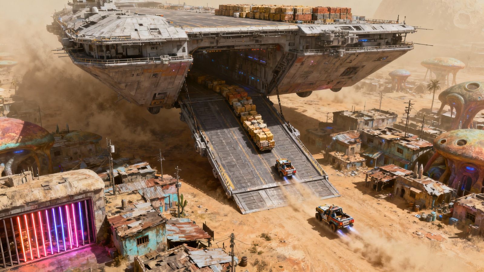 Massive Sci-Fi Cargo Ship Resupplying Alien Town