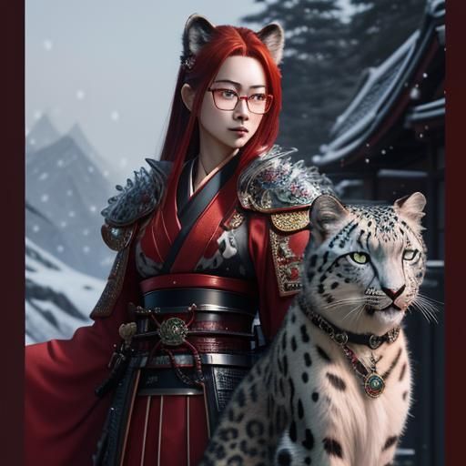 Snow Leopard Neko Samurai in Ancient Japan