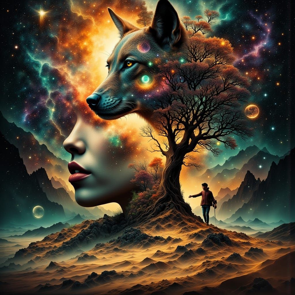 Wolf and Little Red Riding Hood in Cosmic Mystic Flux