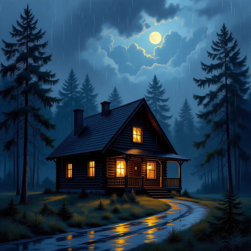 Cabin in Stormy Forest: Shishkin-Inspired Landscape